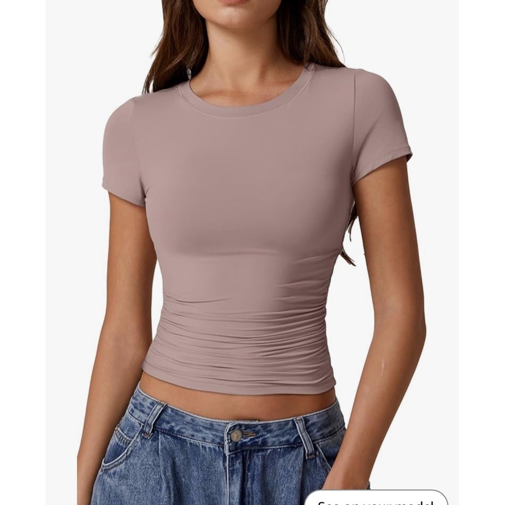 QINSEN‎ Womens Large Rose Taupe Crew Neck Short Sleeve Cropped Top Basic Y2K